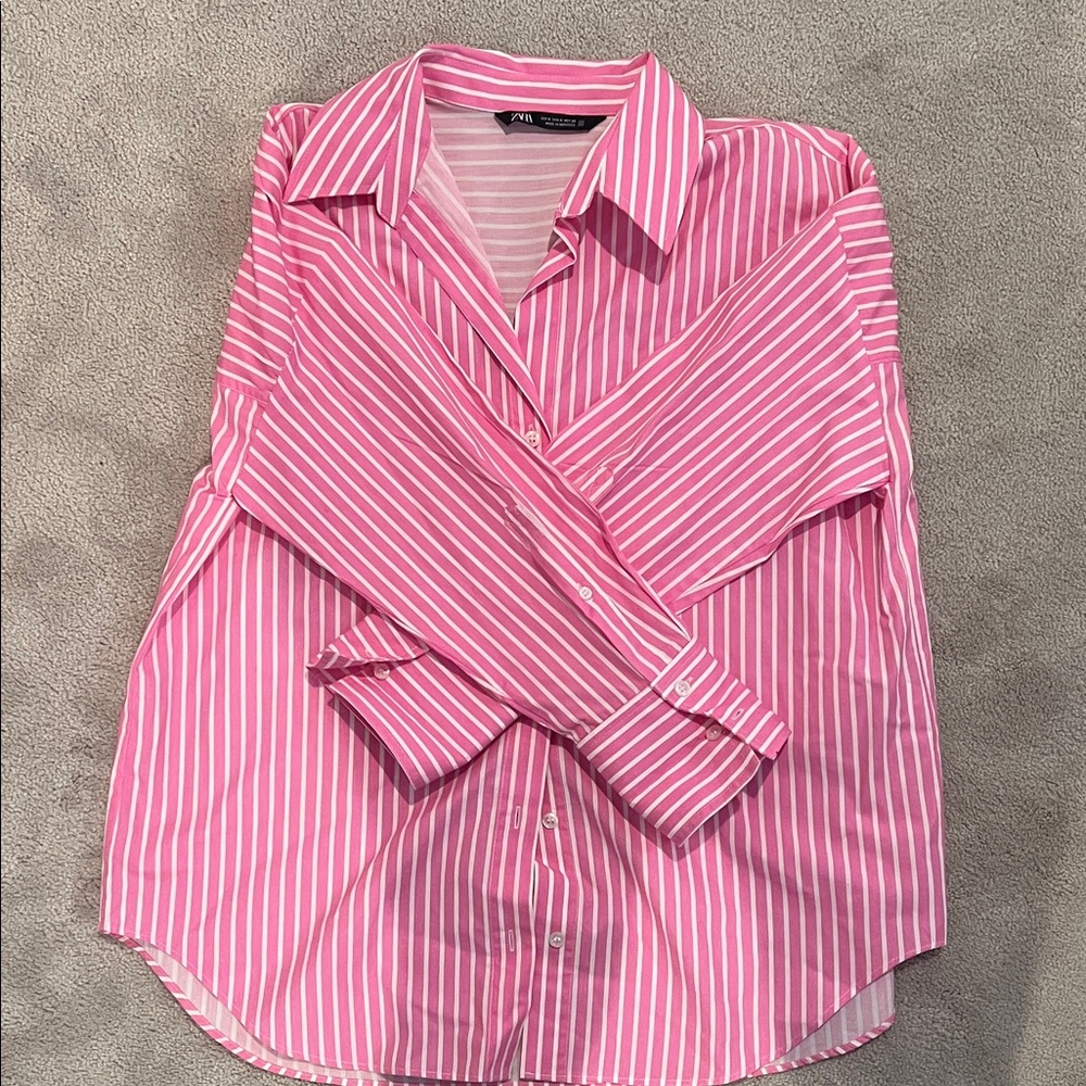 Zara Pink and White Striped Button Down Shirt